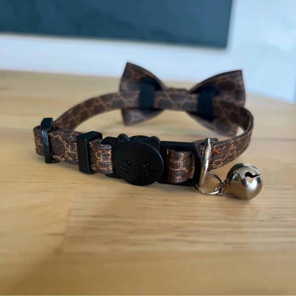 Cat Collar Lux Vegan Leather Bow Necklace Pet Brown Tan Bowtie